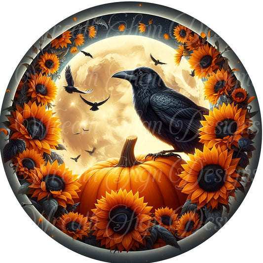 Crow fall round metal sign, sunflowers, Jack-o-lantern, pumpkins, wreath sign, wreath center, wreath attachment, fall decor