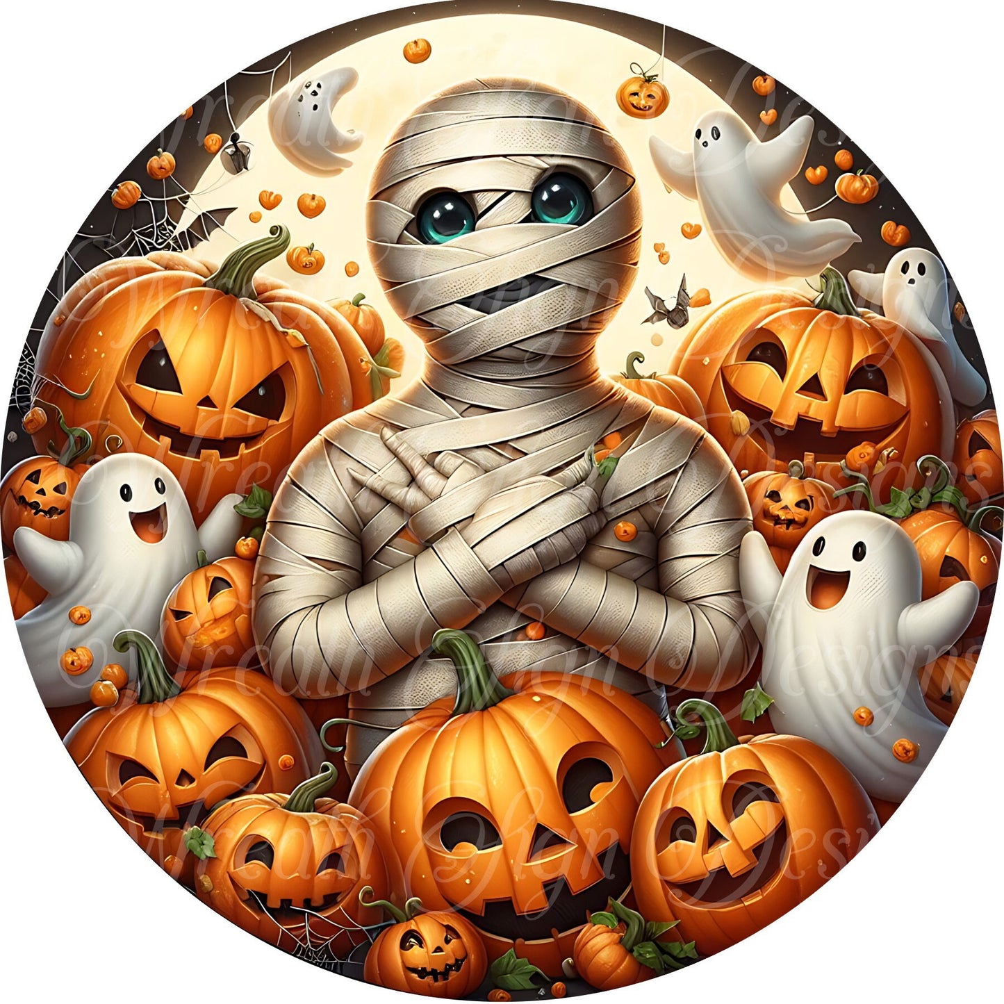 Mummy and pumpkins Halloween Round metal wreath sign, Center, Attachment, Round sublimation wreath sign