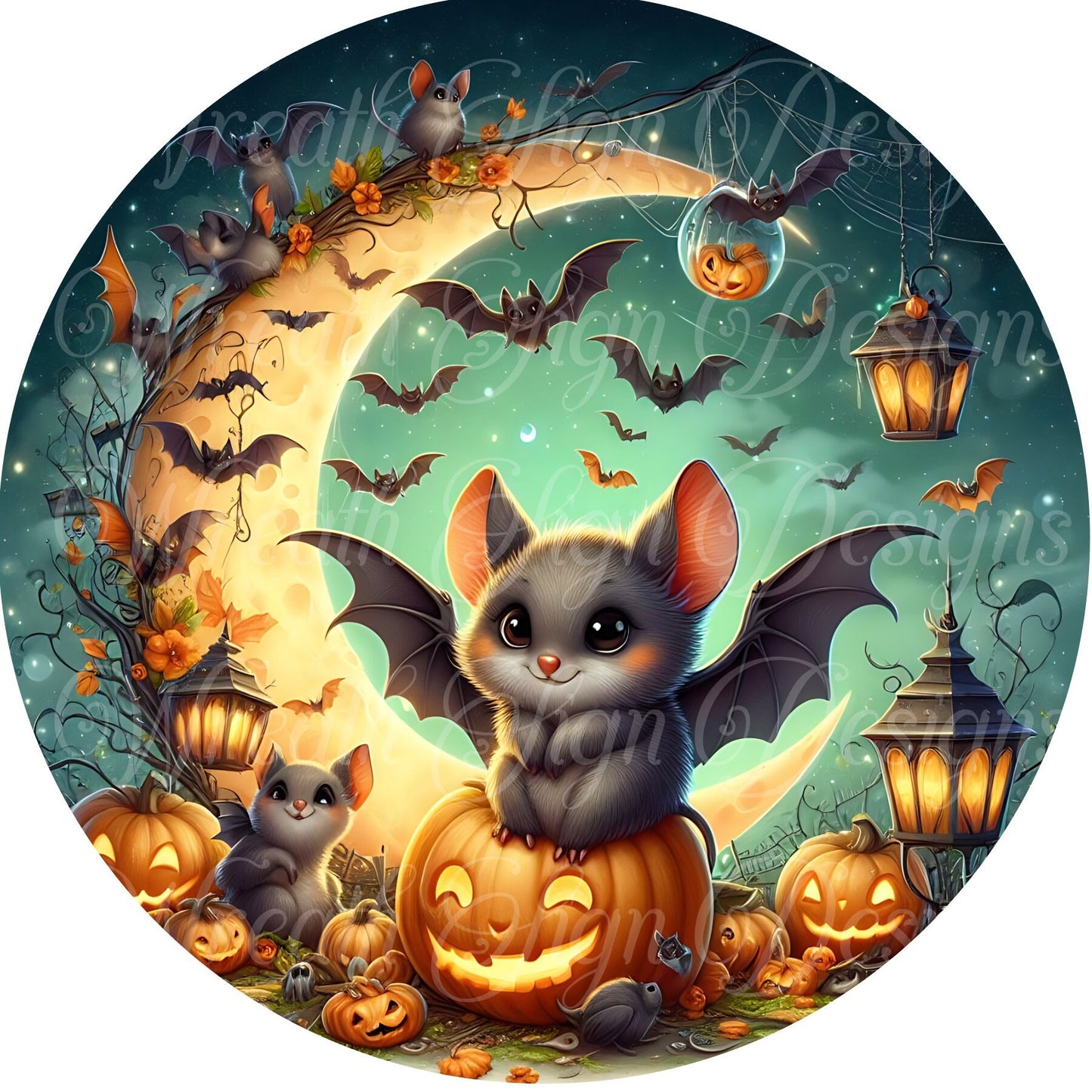 Bats and Pumpkins Halloween round metal wreath sign, sign for wreaths, attachment, center, plaque