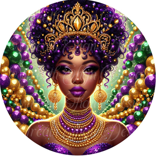Mardi Gras Dive Queen, African American, Black diva queen, round metal wreath sign.  Fat Tuesday celebration sign, wreath center, attachment