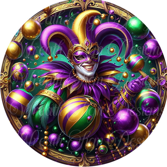 Mardi Gras jester round metal wreath sign, Carnival.  Fat Tuesday celebration sign, Louisiana wreath sign, wreath center, attachment