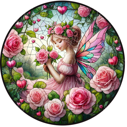Valentine&#39;s Day Fairy metal wreath sign, mythical fantasy stained glass fairy sublimation round