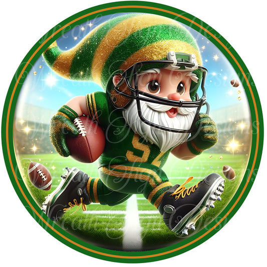 football gnome green and gold Round metal sublimated wreath sign, Game day, football sign, sports, Gnome  fall sports