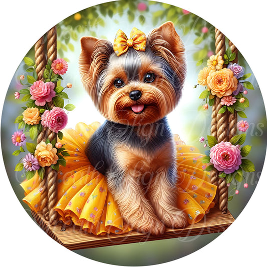 Easter sign for wreath, Yorkie dog wearing a tutu metal sign  spring time summer time Round sign, Wreath attachment, Wreath center,