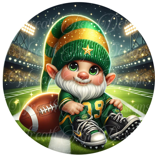 football gnome green and gold Round metal sublimated wreath sign, Game day, football sign, sports, Gnome  fall sports