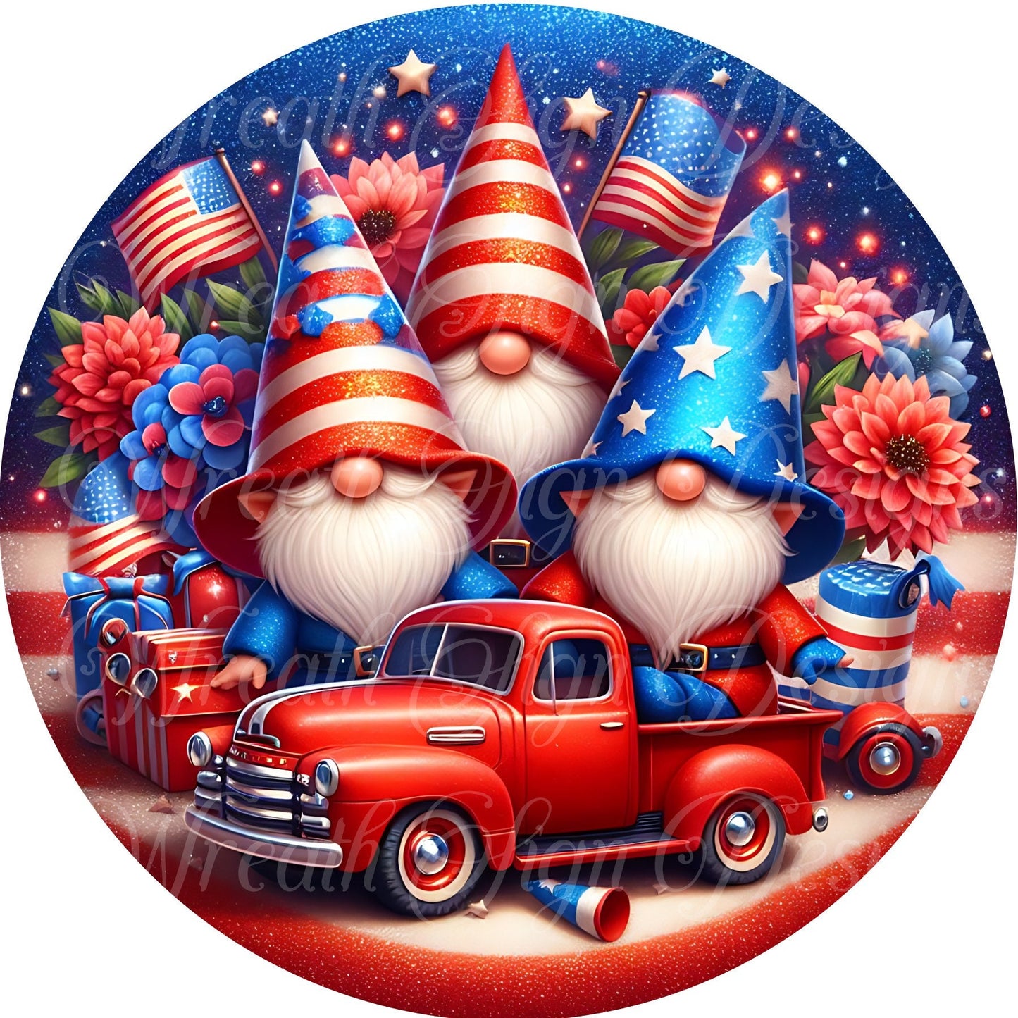 Patriotic Gnome and in red truck wreath sign, freedom sign, Americana, fourth of July, Independence Day gnome round metal wreath sign