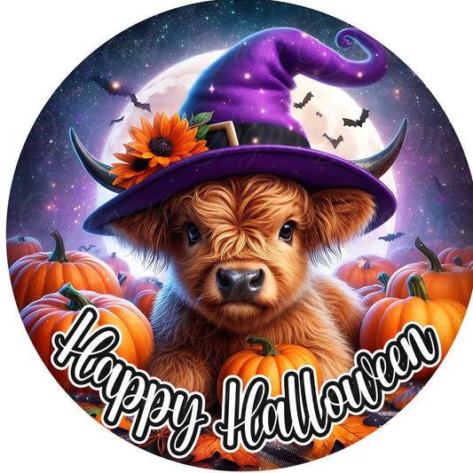 wreath sign, Happy Halloween Highland cow Wreath Sign, highland cow sign. fall celebration sign, highland cow in a witch hat,