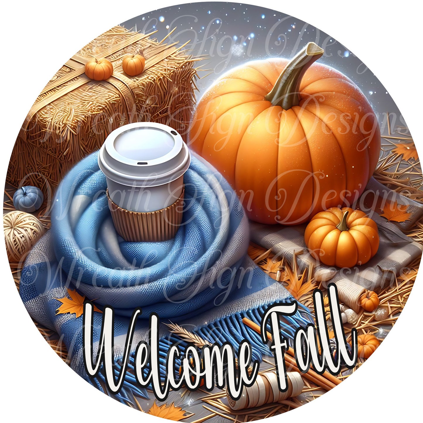 Welcome Fall Pumpkin Season  round metal sign, center, attachment for wreath, autumn sign