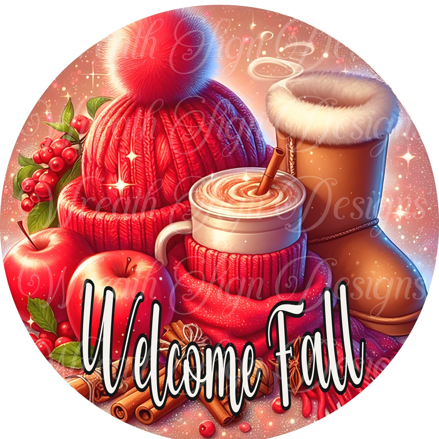 Welcome Fall Apple Season  round metal sign, center, attachment for wreath, autumn sign