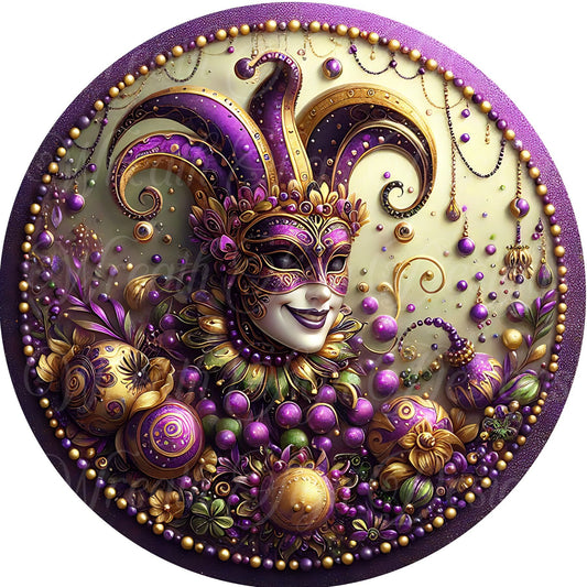 Mardi Gras jester round metal wreath sign, Carnival.  Fat Tuesday celebration sign, Louisiana wreath sign, wreath center, attachment