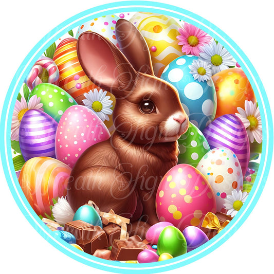 Round metal wreath sign, Happy Easter, chocolate Bunny Springtime sign, wreath center, attachment, plaque