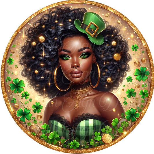 St. Patrick&#39;s Day, African American, Black Melanin, Black Diva, Shamrock Wreath sign, center, attachment, plaque