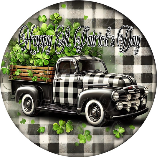 Buffalo check St. Patrick&#39;s Day truck wreath sign,  St. Patrick&#39;s Day Shamrock round metal sign,  4 leaf clover sign, wreath attachment,