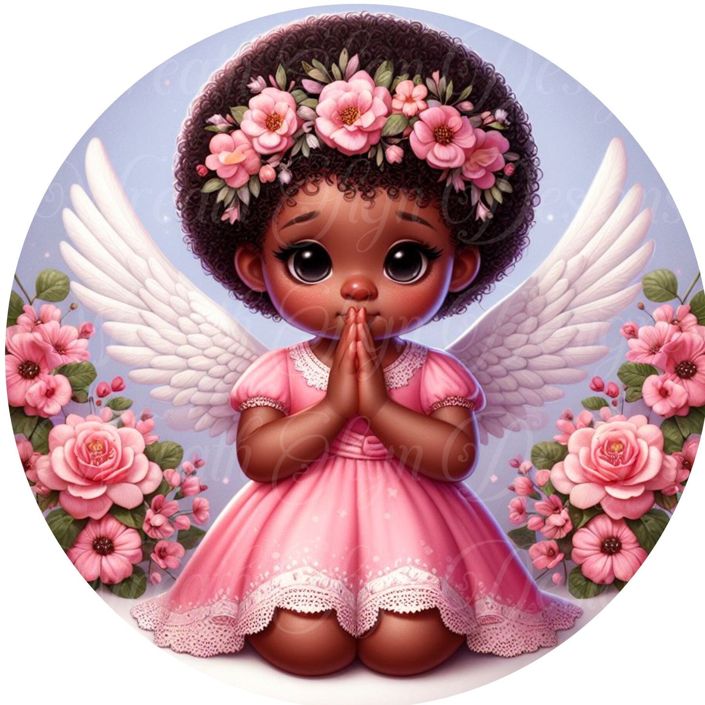 round metal sublimation wreath sign, pink  Angel, African American, Black angel, Melanin angel