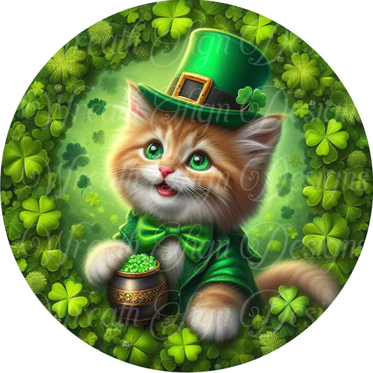 St. Patrick&#39;s Day Cat Leprechaun Wreath sign,  St. Patrick&#39;s Day Shamrock round metal sign,  4 leaf clover sign, wreath attachment,