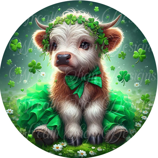 St. Patrick&#39;s Day Highland cow Leprechaun Wreath sign,  St. Patrick&#39;s Day Shamrock round metal sign,  4 leaf clover sign, wreath attachment,