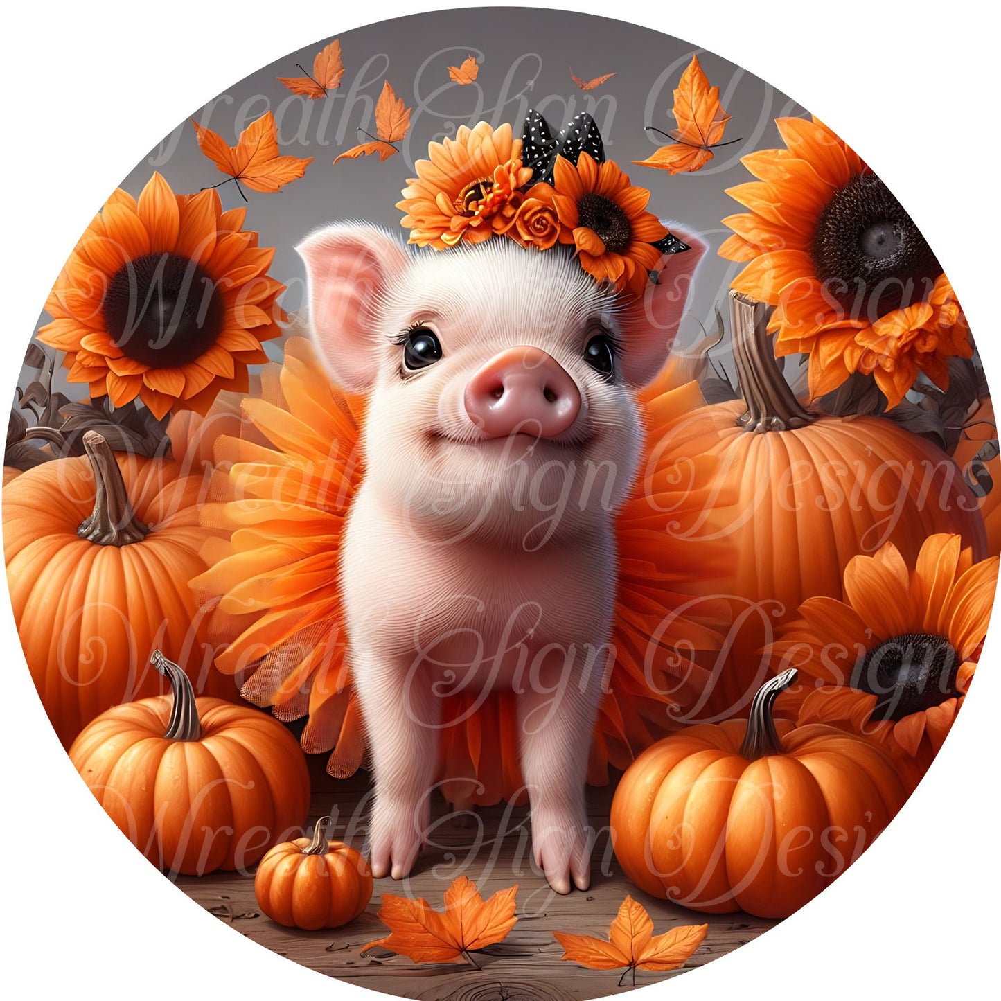 Whimsical Halloween Pig in a tutu and pumkins, Piglet and pumpkin round metal wreath sign