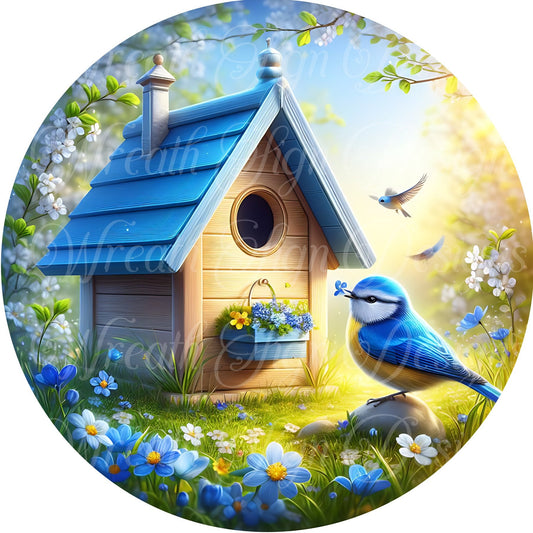 Springtime Blue Bird wreath sign, birdhouse, Round metal wreath sign. center, attachment, plaque