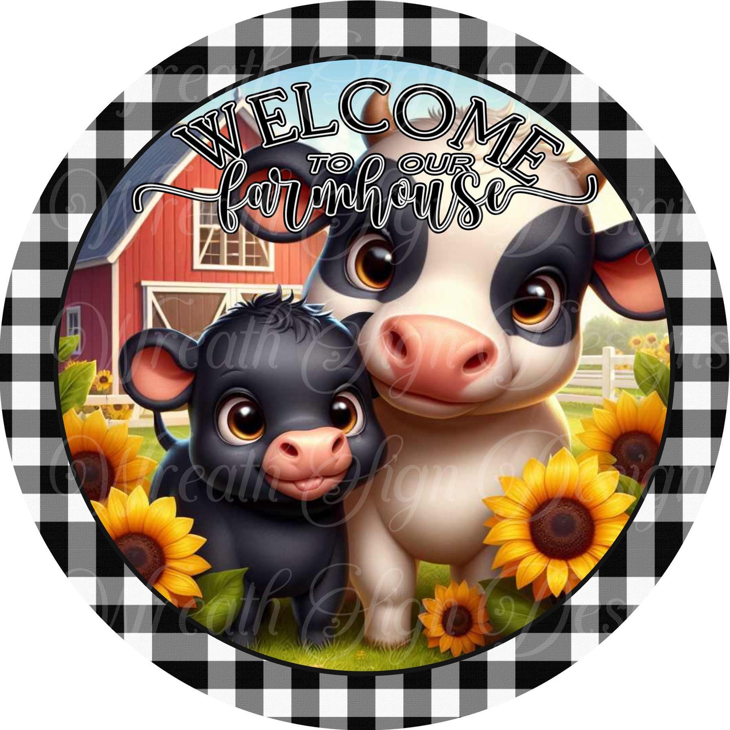 sublimated metal wreath sign, Welcome to the farmhouse Cow sign, Sunflower and cows, Welcome wreath sign, center attachment plaque