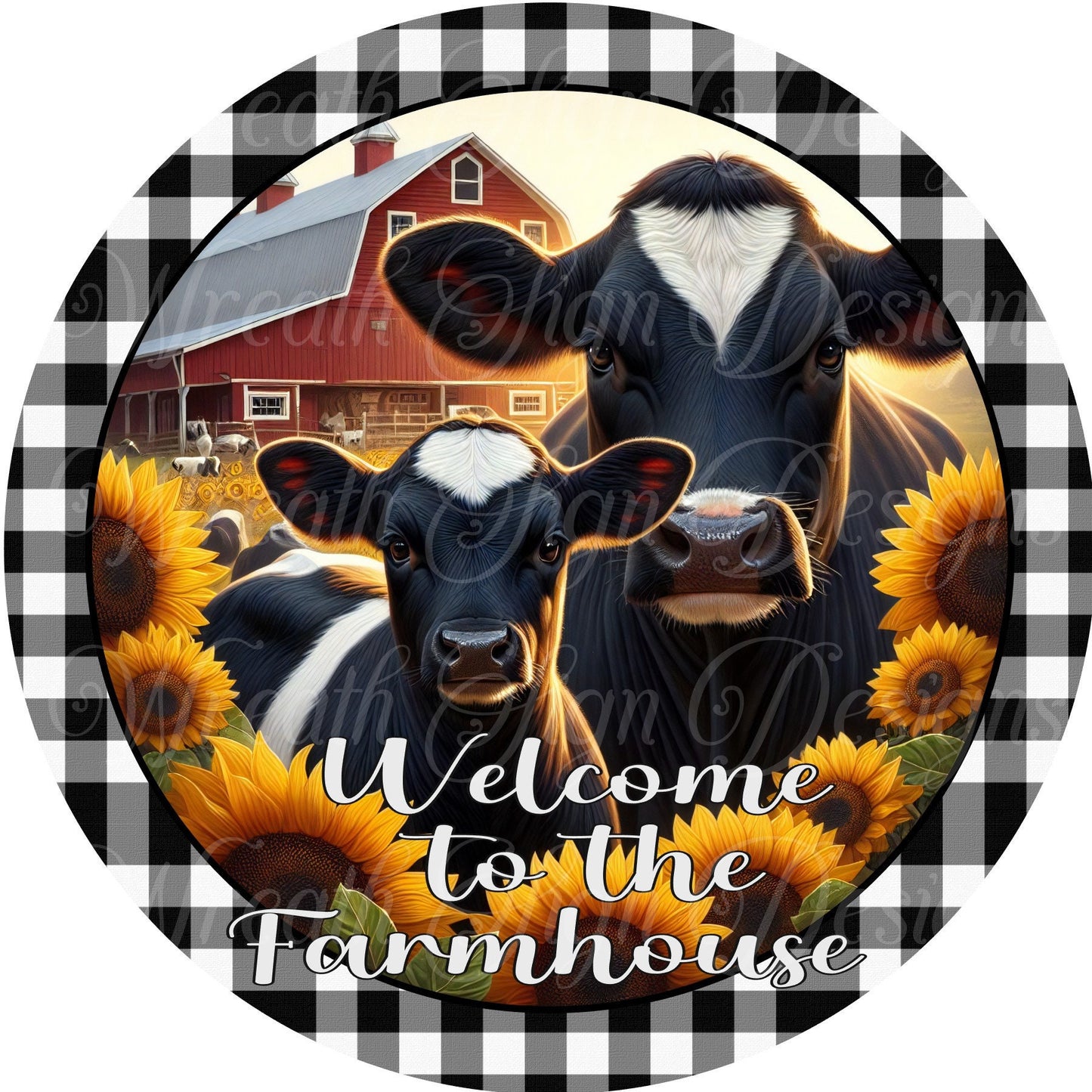 sublimated metal wreath sign, Welcome to the farmhouse Cow sign, Sunflower and cows, Welcome wreath sign, center attachment plaque