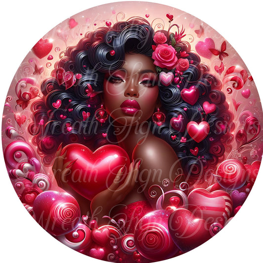 Valentine&#39;s Day Diva Queen round metal wreath sign, Proud Black Woman, wreath attachment, wreath center, hearts flowers love