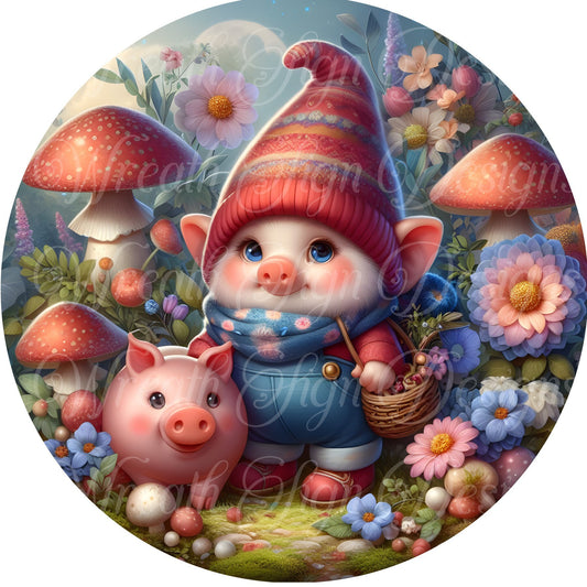 springtime Gnome and his piggy metal sign for wreaths, Gnome Wreath sign, pig wreath attachment, center, plaque