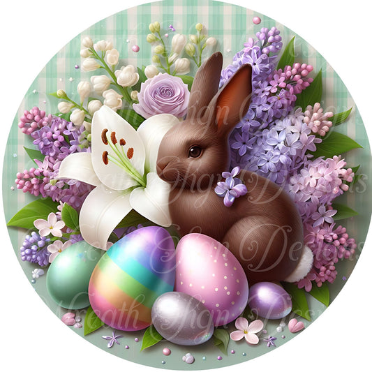 Round metal wreath sign, Happy Easter, chocolate Bunny Springtime sign, wreath center, attachment, plaque
