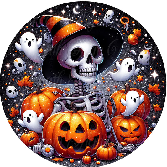 round metal wreath sign, Skeleton witch, pumpkins, ghosts, Halloween sign, round metal wreath sign, wreath center