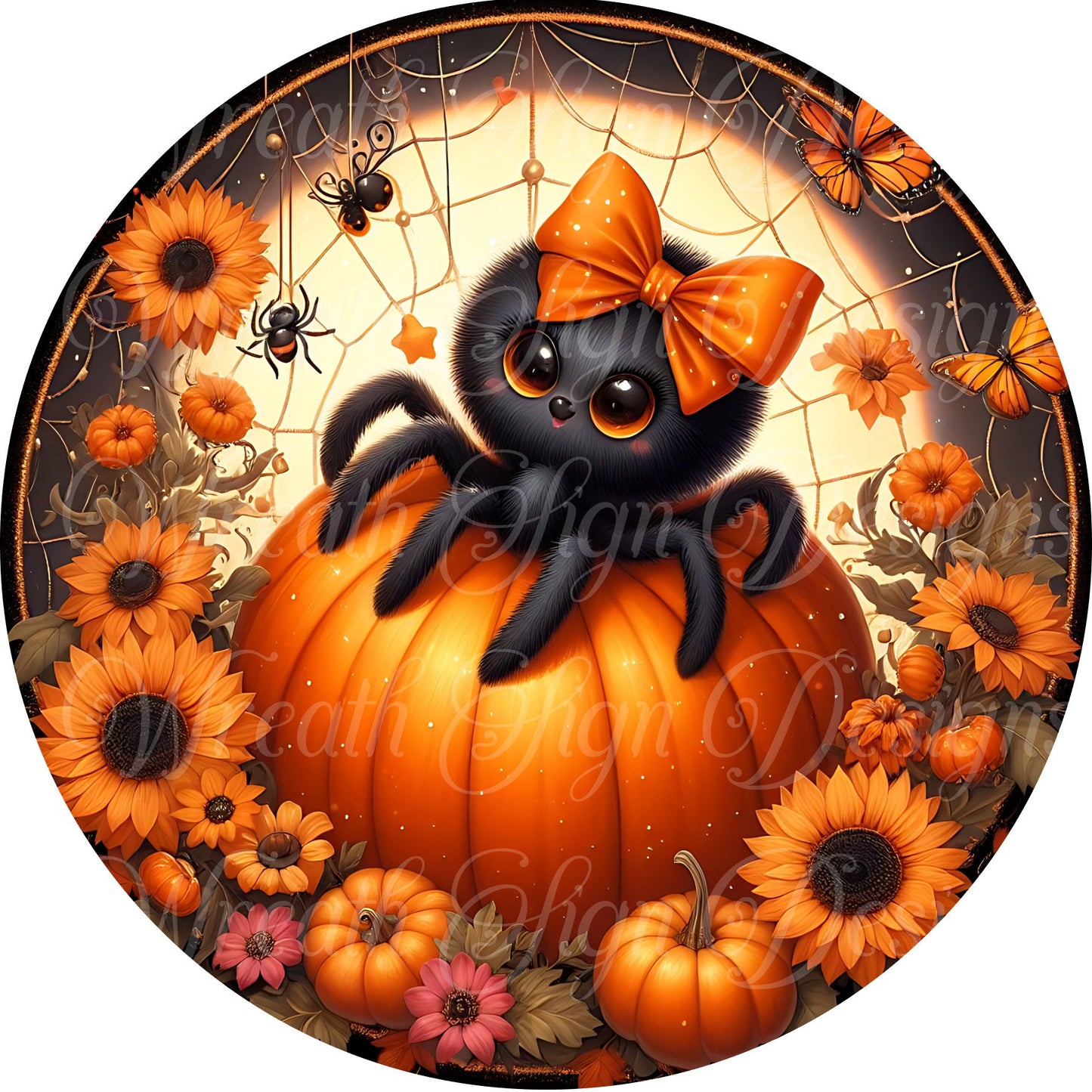 Halloween spider and pumpkins round metal wreath sign, Halloween Sign, creepy spider, wreath center, wreath attachment