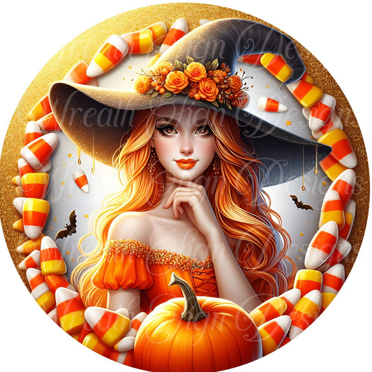 Halloween Candy Corn Pumpkin witch sign, fall door sign, metal wreath sign, Round sign,  attachment Wreath center,