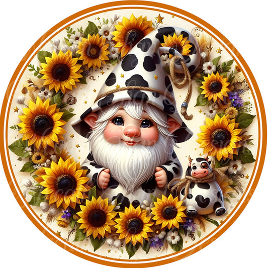 Sunflowers and Cow Gnome metal sign for wreaths, Gnome Wreath sign, cow wreath attachment, center, plaque