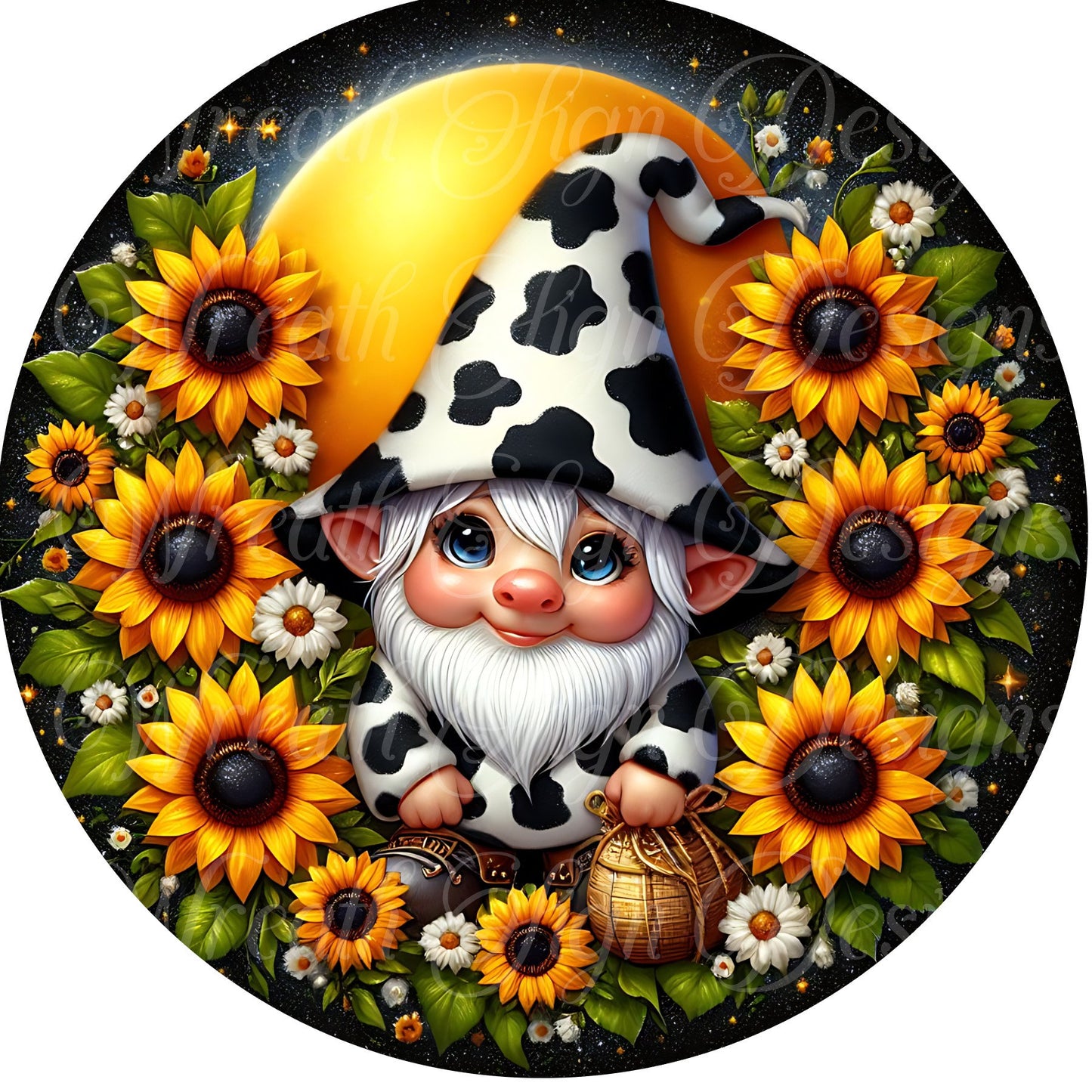 Sunflowers and Cow Gnome metal sign for wreaths, Gnome Wreath sign, cow wreath attachment, center, plaque