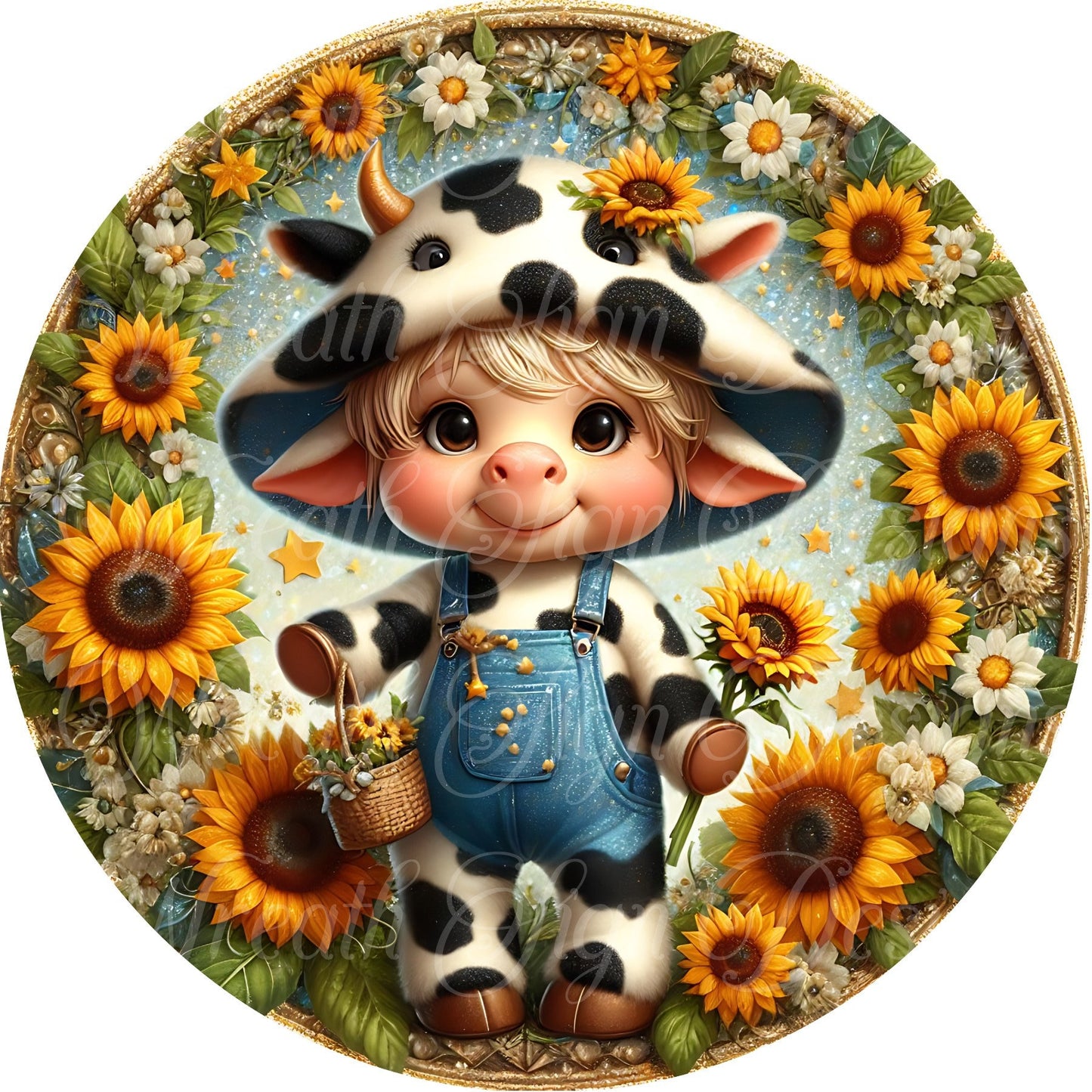 Sunflowers and Cow Gnome metal sign for wreaths, Gnome Wreath sign, cow wreath attachment, center, plaque