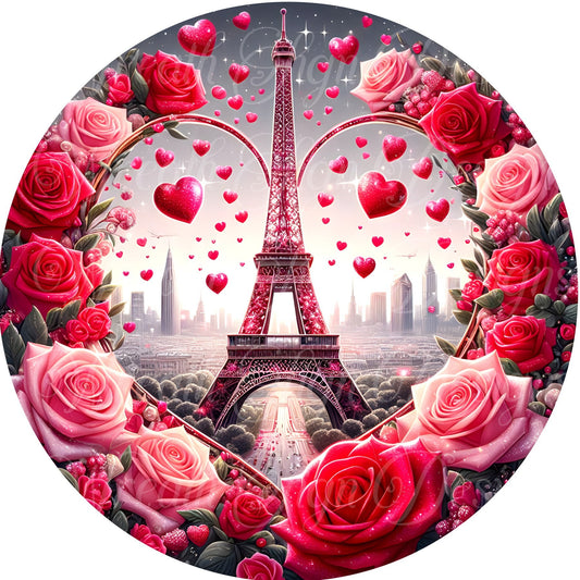 Valentine&#39;s Day Eiffel Tower Pink heart round metal wreath sign, Love, Hearts,  Wreath center, attachment, Plaque,