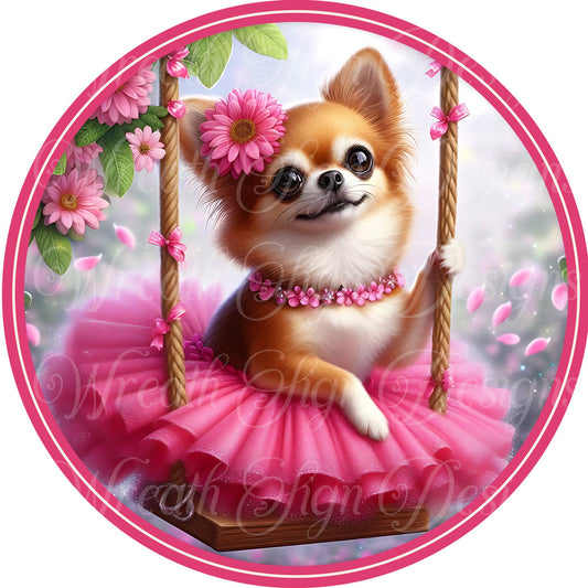 Easter sign for wreath, chihuahua wearing a tutu metal sign  spring time summer time dog Round sign, Wreath attachment, Wreath center,