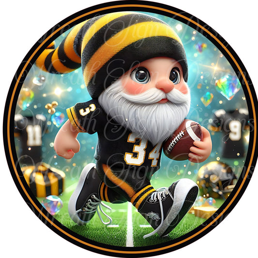 football gnome black and gold Round metal sublimated wreath sign, Game day, football sign, sports, Gnome  fall sports