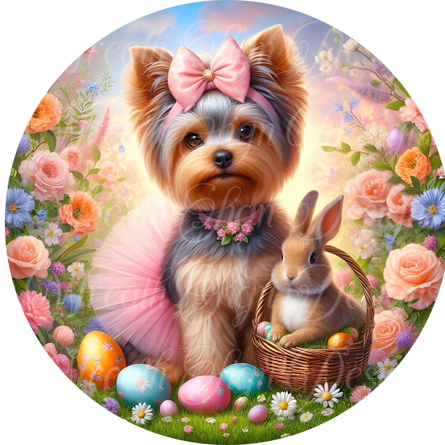 Easter sign for wreath, Yorkie dog wearing a tutu metal sign  spring time summer time Round sign, Wreath attachment, Wreath center,