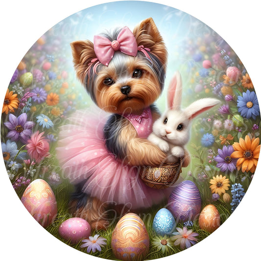 Easter sign for wreath, Yorkie dog wearing a tutu metal sign  spring time summer time Round sign, Wreath attachment, Wreath center,