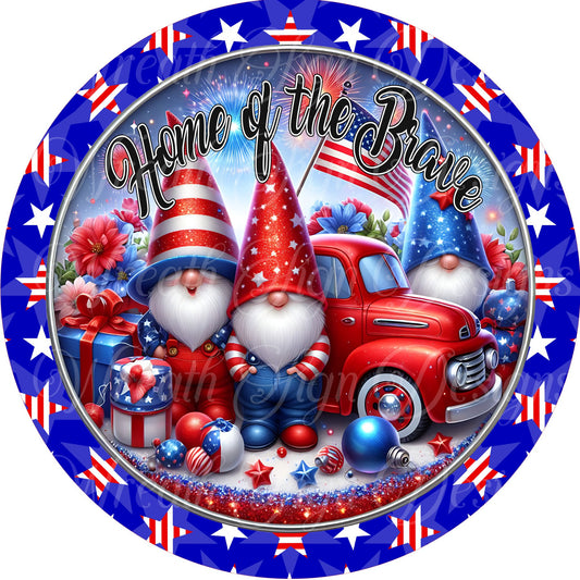 Patriotic Gnome and in red truck wreath sign, freedom sign, Americana, fourth of July, Independence Day gnome round metal wreath sign