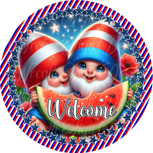 Summertime Gnome sign for wreath, Gnomes Eating Watermelon wreath center, Welcome Wreath attachment. Americana, Patriotic, 4th of July
