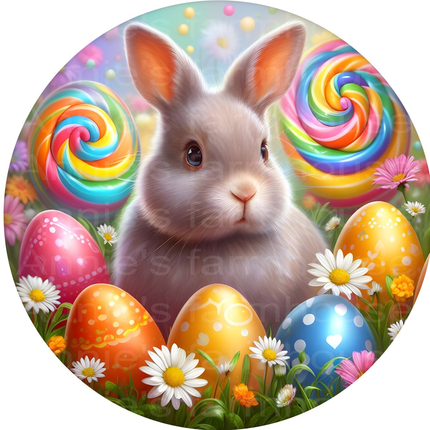 Rainbow Easter Rabbit, Easter Bunny, Spring, Easter Eggs and Flowers, Round metal sublimated wreath sign