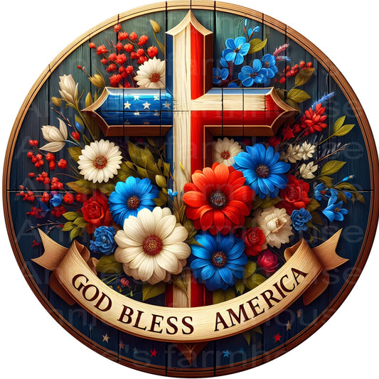 God Bless America faux wood cross,  patriotic, fourth of July, independence day metal wreath sign, Round sign,  attachment Wreath center,