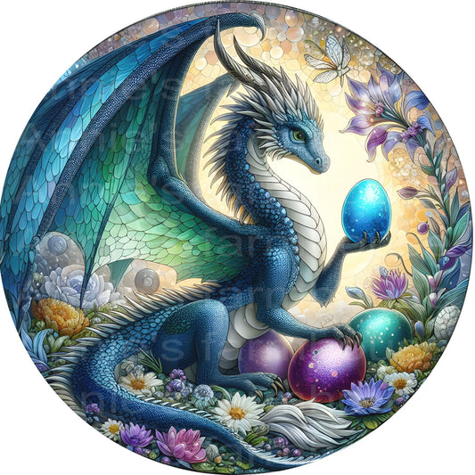 metal wreath sign, mythical fantasy stained glass dragon sublimation round, wreath center, attachment, plaque