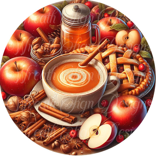 Apple Season round metal sign, apple pie wreath center, fall attachment for wreath, autumn sign