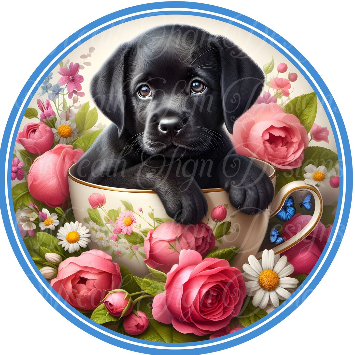 Labrador  dog in a tea cup sign for wreath, black lab puppy metal sign  spring time Round sign, Wreath attachment, Wreath center,