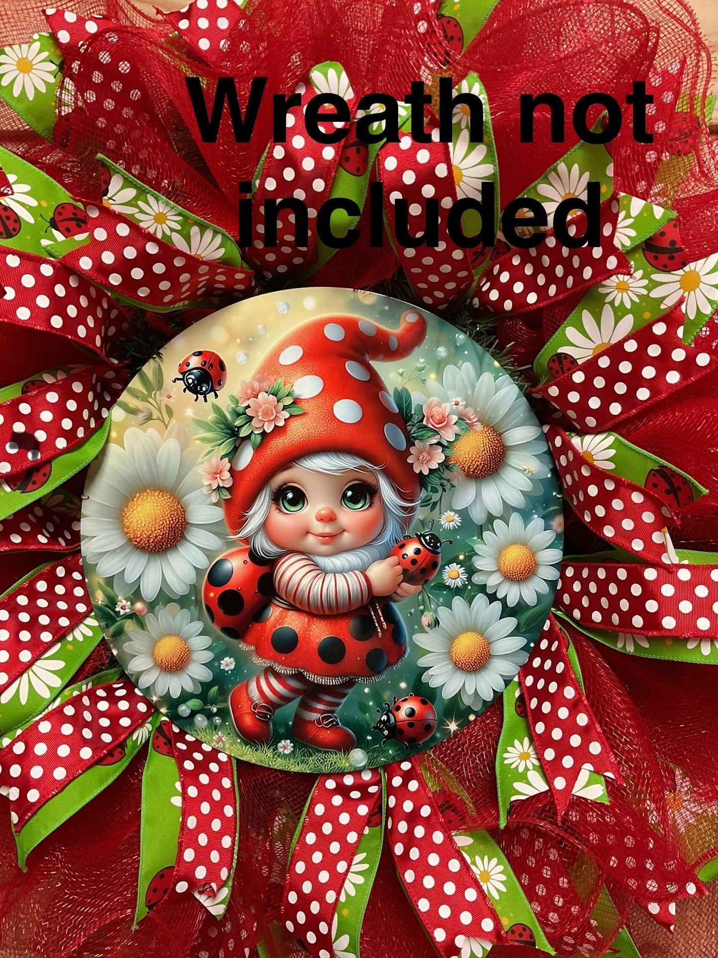 Ladybug Gnome Round metal wreath sign, Wreath Center, Wreath attachment, Door Hanger,  gnome circle sign,