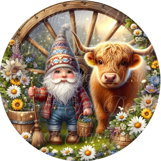 Springtime Gnome and Highland cow metal sign for wreaths, Gnome Wreath sign, Highland cow wreath attachment, center, plaque