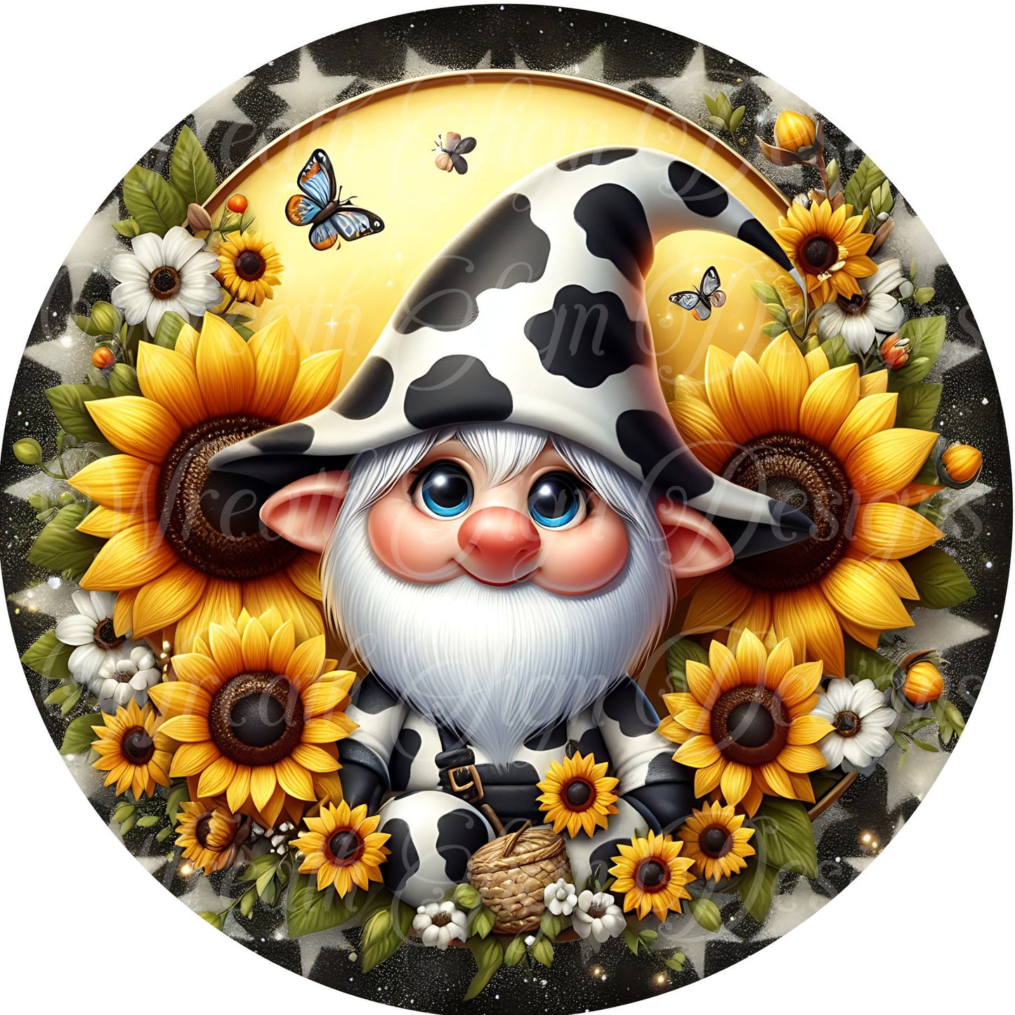 Sunflowers and Cow Gnome metal sign for wreaths, Gnome Wreath sign, cow wreath attachment, center, plaque