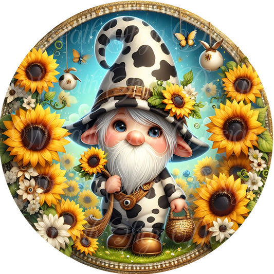 Sunflowers and Cow Gnome metal sign for wreaths, Gnome Wreath sign, cow wreath attachment, center, plaque