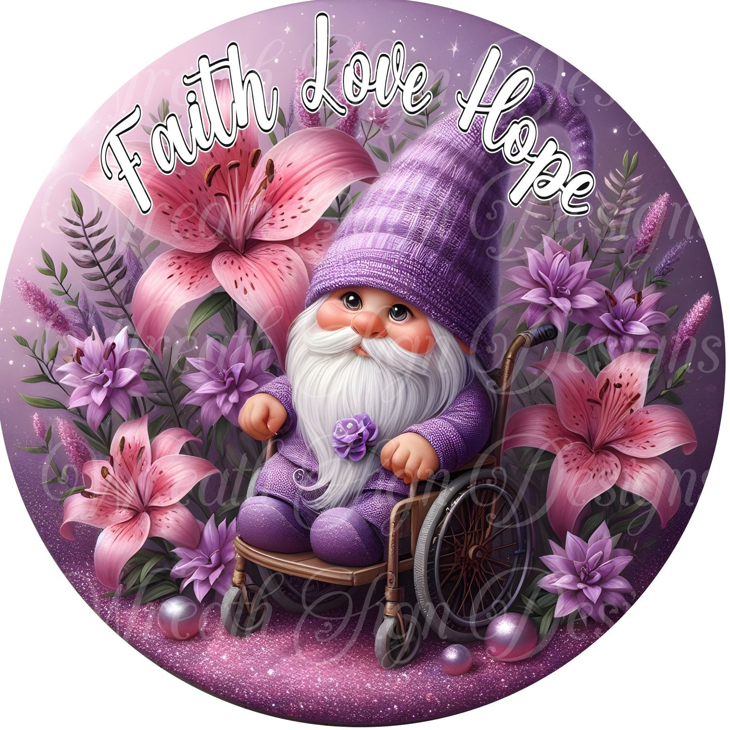 sublimated metal wreath sign, faith love hope purple gnome sign,